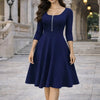Women Elegant Square Neck 3/4 Sleeve Autumn Work Party Midi Dress Solid Color Zip Front Solid Business Casual Swing A-Line Dress