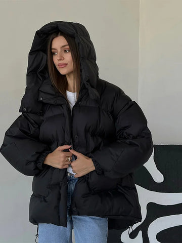 Women's Solid Oversized Puffer Jacket Full Sleeve Detachable Hood Pocket Zipper Warm Coat Winter Female Daily Casual Wear