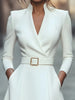 Women Long Sleeve V Neck Midi Dress With Belt A Line Swing Skirt Elegant Office Party Cocktail Wear