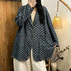 Autumn Office Lady Loose-fit Single Breasted Polka Dot Denim Jacket Notched Long-sleeved Oversize Tops