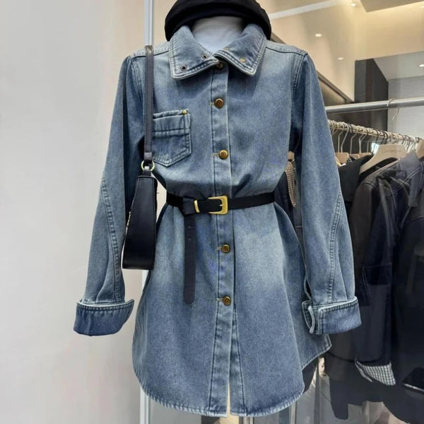 Women's Long-Sleeve Denim Dress Stylish Button-Down Irregular Hem Design Retro Elegant Casual Daily Dresses For Woman