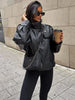 Solid Leather Moto Jacket For Women Winter Turtleneck Retro Coats Asymmetry Elegant Vintage PU Jackets