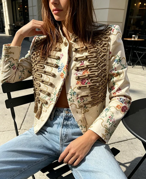 Vintage Napoleon Cropped Jacket Women Floral Embroidery Stand Collar Short Blazer Fringe Hem Long Sleeve Street Outerwear
