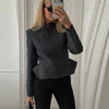 Women's Dark Grey Peplum Cropped Blazer Stand Collar Single Breasted Waist Vintage Coat Spring Chic Lady Streetwear