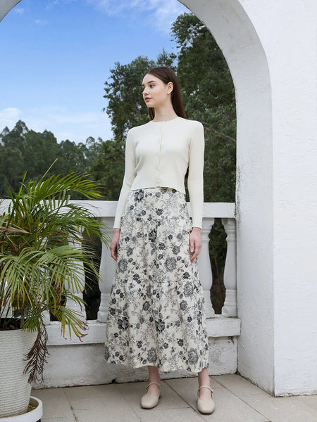 SS25 Women Floral Printing Satin Slip Dress Knitting Cardigan Elegant Skirt