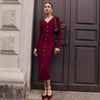 Elegant Evening Dress Women V Neck Long Sleeve Patchwork Button Slit Sweater Dresses Autumn Winter Knit Maxi Dress