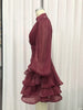 Elegant Pink High Neck Organza Fabric Mini Dresses for Women Puff Sleevs Ruched Waist Tiered Ruffles for Cocktail Parties