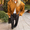 Elegant Full Sleeve Short Jacket Women Chic Zipper O-neck Shoulder-padded Blazer Coat Female Solid Coats Lady