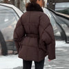 Casual Thicken Women's Jacket Waist Belt Full Sleeve Female Padded Coat Warm Winter Chic Loose Street Lady Outerwear