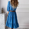 Denim Dress Three Quarter Sleeve with Belt Turn-down Collar Spring Autumn Buttons Ruffle Jeans Dresses for Women