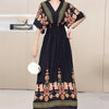 Women Bohemian Ethnic Printed Holiday Dress V-Neck Elastic Waist Casual Batswing Sleeve Mid Dress Elegant Vintage Retro Dress