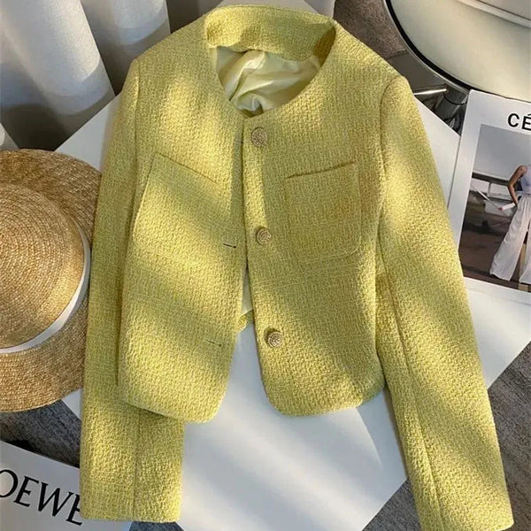Tweed Short Jacket Women's Woolen Coat Spring Autumn O-neck Single-breasted Yellow Outerwear Streetwear Casual Tops