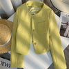 Tweed Short Jacket Women's Woolen Coat Spring Autumn O-neck Single-breasted Yellow Outerwear Streetwear Casual Tops