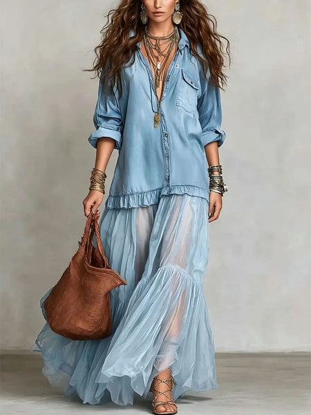 Women's Imitation Denim Splice Tulle Maxi Dress Long Sleeve Shirt Top Layered Mesh Flowy Casual Elegant Party Shirt Long Dress