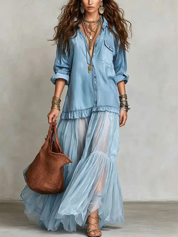 Women's Imitation Denim Splice Tulle Maxi Dress Long Sleeve Shirt Top Layered Mesh Flowy Casual Elegant Party Shirt Long Dress