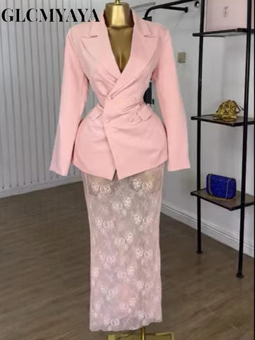 Fallfleshness Women's Dress Set Blazer Tops and Lace See Though Midi Maxi Long Skirt Suit Two 2 Piece Sets Outfits
