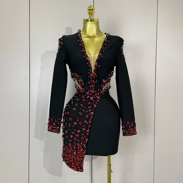 Stock Women Celebrity Sexy Long Sleeve V Neck Rhinestone Black Bandage Dress Elegant Evening Club Birthday Party Dresses