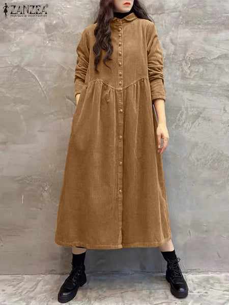 Women Autumn Corduroy Dress Casual Long Sleeve Buttons Up Sundress Solid Loose Holiday Vestido Kaftan Vintage Shirt Dress