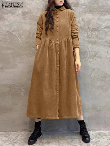 Women Autumn Corduroy Dress Casual Long Sleeve Buttons Up Sundress Solid Loose Holiday Vestido Kaftan Vintage Shirt Dress