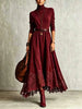 Women Vintage Boho Turtleneck Long Sleeve Maxi Dress Lace Hem Sashes Waist Flowy Long Dress Fall Winter Elegant Ladies Robe
