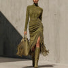 Womens Midi Dress Olive Velvet Turtleneck Ruched Fringe High-Slit Slim-Fit Streetwear Evening Vestido