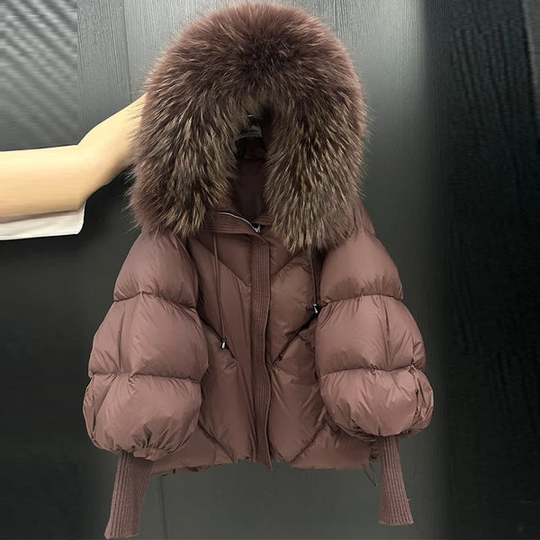 Janveny2026 Winter Large Real Fur Hooded Puffer Jacket Women Thicken Warm Knitted Sleeve Coat White Duck Down Mid Long Parka
