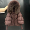 Janveny2026 Winter Large Real Fur Hooded Puffer Jacket Women Thicken Warm Knitted Sleeve Coat White Duck Down Mid Long Parka