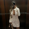 Hollow Out Long Sleeve Cocktail Dress for Women Winter Stand Collar Club Party Dresses Lace Elegant Dresses