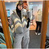 Women Chevron Color Block Padded Ski 2 Piece Set Fleece Collar Zipper Snow Jacket Cargo Wide Leg Pants Winter Snowboard Outfits