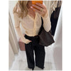 Solid Patchwork Cropped Coat Women Lapel Long Sleeve Loose Zipper Pockets Jacket Autumn Lady Casual Street Outerwear