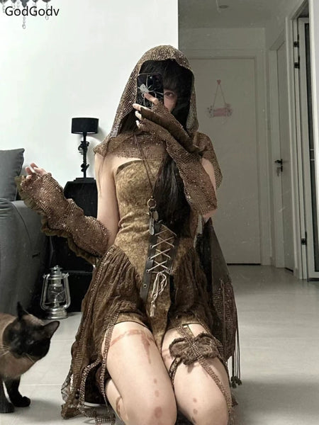 Spring Gothic Brown Vintage 3 Piece Set Women Sexy Lace Y2k Party Mini Pants Suit Female Korean Retro Designer Outfits