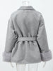 Elegant Lace Up Woolen Short Coat Solid Lapel Fur Cuffs Belt Long Sleeve Jacket Female Autumn Winter Lady Chic Cardigan