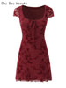 Women Sweet Flower Flocking Chic Bow Mini Dress Vintage Square Collar Sexy Slim Hip Wrap Dresses