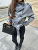 Grey Lace Up Short Woolen Coat Women Chic Solid Stand Collar Double Breasted Pocket Slim Jacket Lady Commute Street Wear