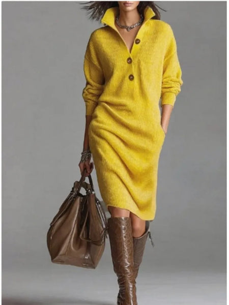 Autumn Knitted Button Lapel Women Dress Casual Loose Pocket Lazy Straight Over The Knee Long Sleeve Sweater FemaleDress