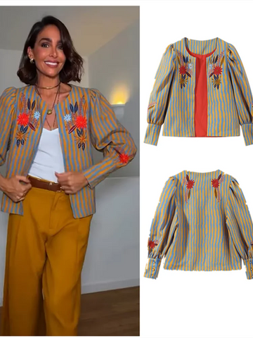 Chic Women Floral Embroidery Short Coat Vintage Striped Long Sleeve O Neck Jackets Spring Autumn Female Outerwear