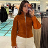 Faux Suede Cropped Jacket Women's Jacket Autumn Orange Long Sleeve Stand Collar Zip-Up Slim Outerwear Chic Top