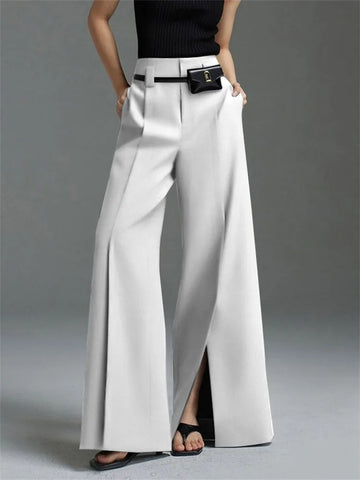 Urban Female Business Suit Pants Black White Loose Straight Pant High-Waist Pleated Split-Front Trousers