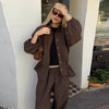 Women's Trousers 2 Pcs Sets Stand Collar Long Sleeve Single Breasted Pleated Ruffles Coats Lantern Pants Autumn Lady Outfits