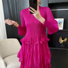 Royal Blue Pleated French Women's Dress Chic Ruffled Irregular Tie Design Long Sleeve Clothing 2DB3939