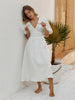 100% Cotton V-neck Waist Cinched Dress Unique Lantern Sleeve Sexy Slit Long Skirt Women's Casual Dresses