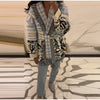 Jacquard Fringe Belted Wrap Knit Cardigan Lapel All Over Pattern Raw Fringe Autumn Winter Commute Lady Women Casual Coat