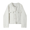 French White Tweed Crop Jacket for Women Autumn Elegant Slimming Decor Button Coat Woman Round Neck Long Sleeve Outerwear
