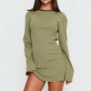 Y2K Striped T Shirt Dress Women Long Flare Sleeve Crew Neck Contrast Trim Ruched Side Curved Hem Casual Mini Streetwear Dress