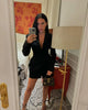 Solid Cinched-waist Mini Dress Women Casual V-neck Full Sleeve Shoulder Pads A-line Vestidos Lady Chic Party Street Gowns