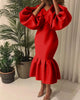 Women Evening Dress Solid Full Puff Sleeve V-neck Long Maxi Trumpet Dresses Vintage Party Vestidos Fall Outfit