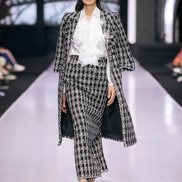 Classic Checkered Tweed Women's Suit Set 2 Piece Long Blazer and Straight Skirt Single Breasted Casual Business Office Outfit