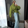 Green Oversized Belt Overcoat Women Elegant Long Sleeve Pleated Lapel Lace Up Windbreaker Autumn Lady Daily Street Outerwears
