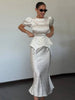 Women's White Floral Print Puff Sleeve Dress With Waistband Satin Ruffled Hem Maxi Dress Lady Elegant Party Robes