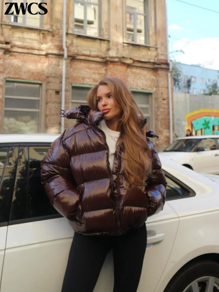 Solid Glossy Zipper Hooded Coats Women's Warm Elastic Waist Pleated Short Cotton Jacket Winter Lady High Street Outwear